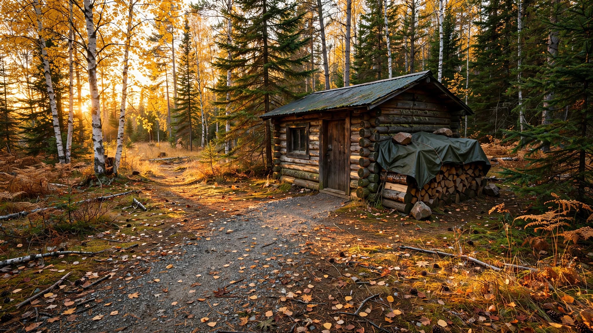 Small log cottage in a northern Ontario birch and spruce clearing in October, with a gravel track and firewood under a tarp