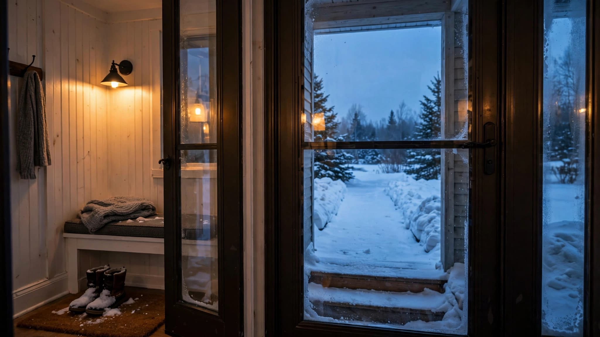 Shovelled path and clean steps leading to a Northern Ontario home prepared for sale, seen through a storm door at dusk