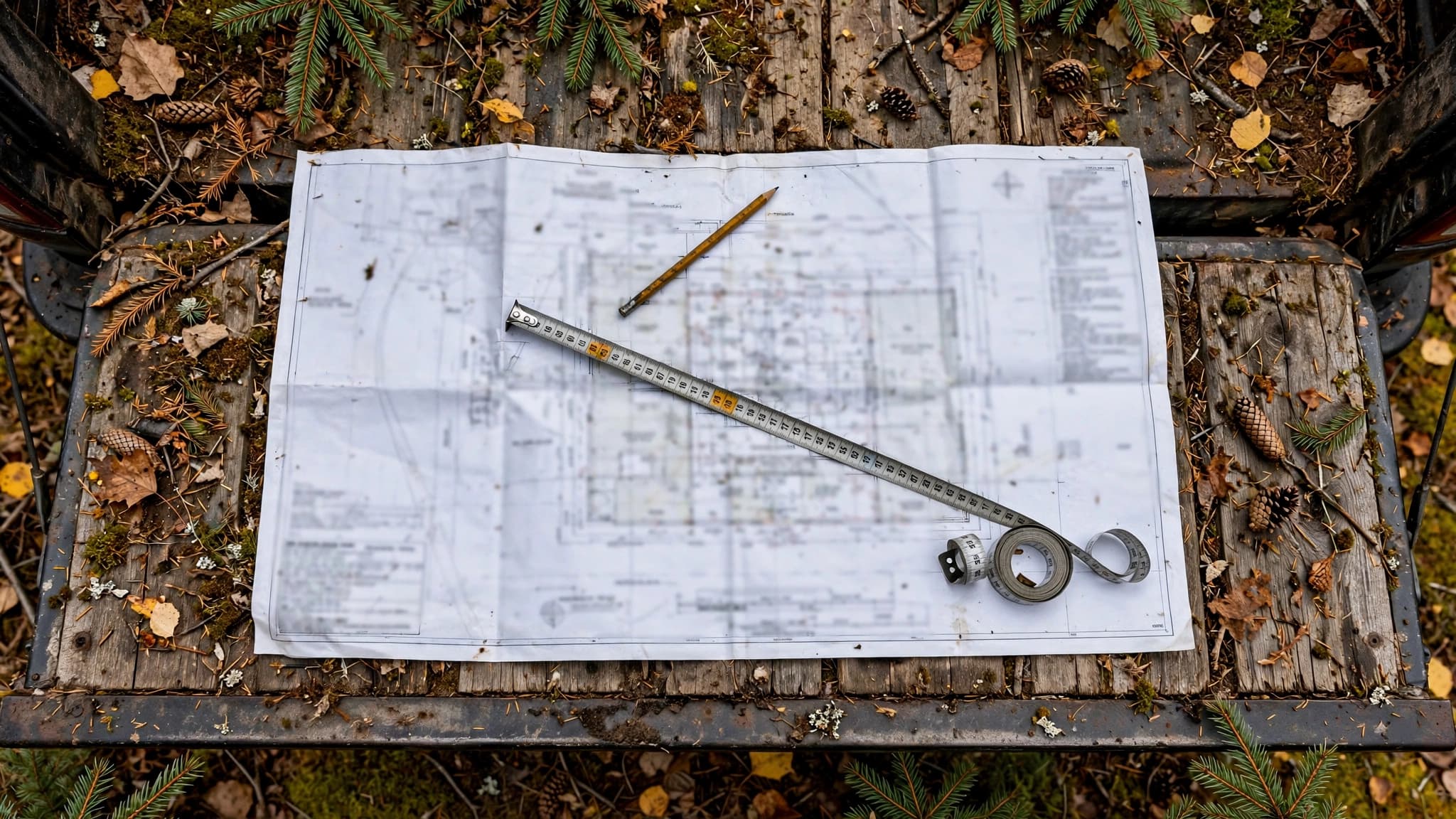 Surveyor's plan for a rural lot spread on a weathered wooden tailgate at a spruce clearing, with a pencil and a steel tape me