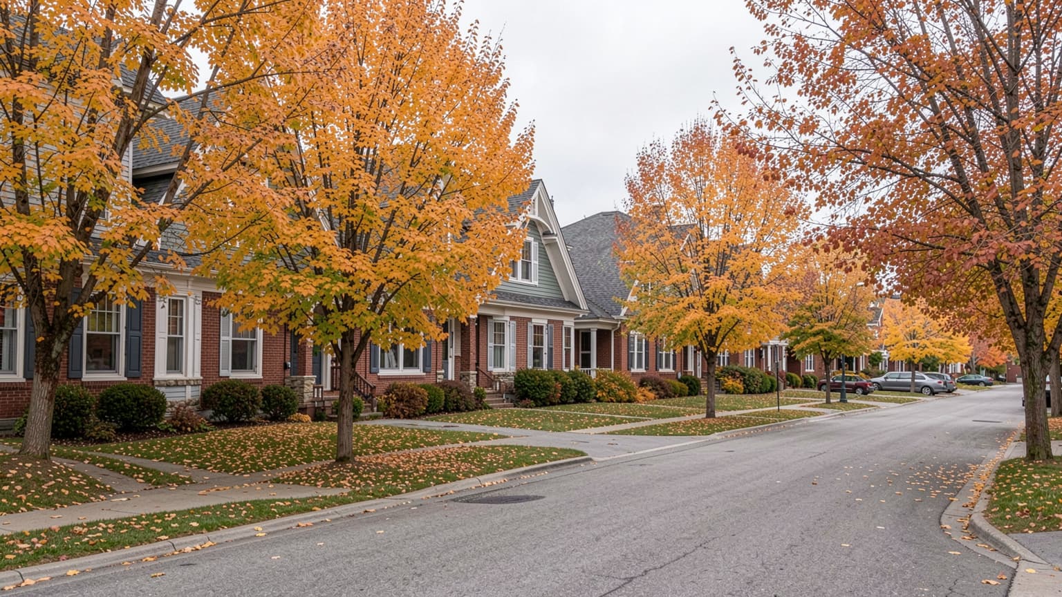Craftsman brick houses along an autumn street in Sault Ste. Marie, illustrating the cost of selling a house in Ontario.