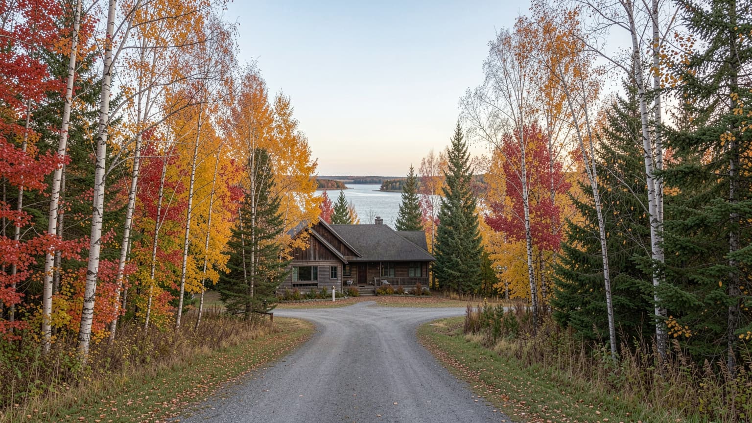 Detached wooden house for sale in Goulais River surrounded by autumn trees with driveway leading toward Goulais Bay.