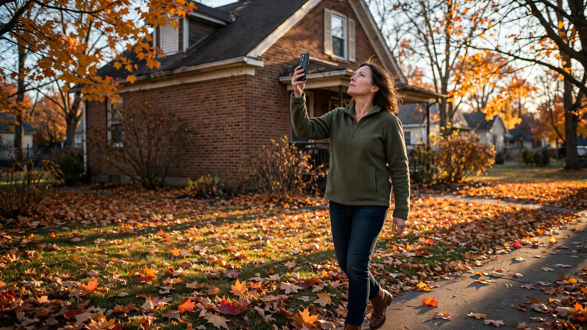 Homeowner in a fleece jacket photographing the roofline of a brick house in Sault Ste. Marie on a cold autumn afternoon