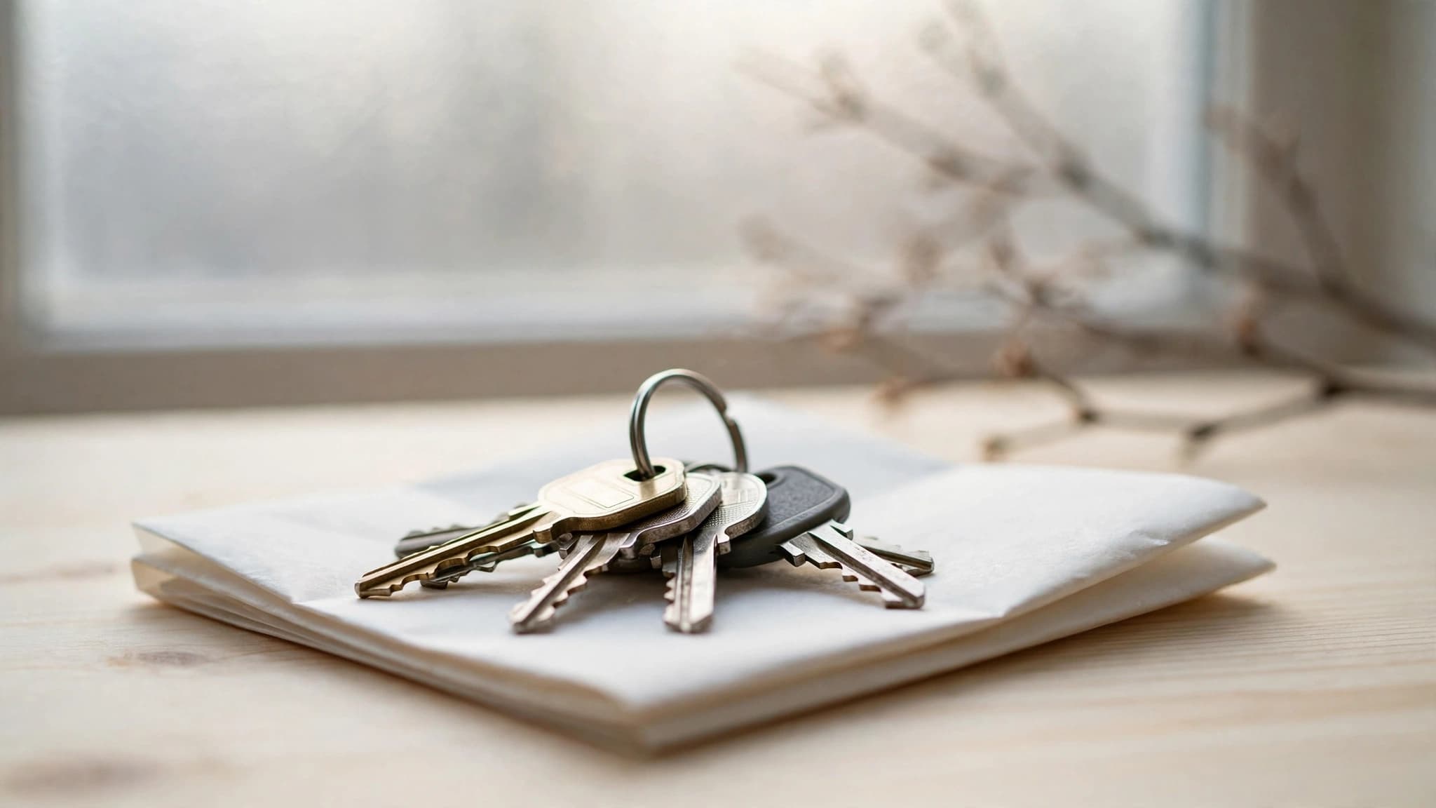 Ring of house keys resting on a folded home closing cost statement on a pale pine table in soft morning light
