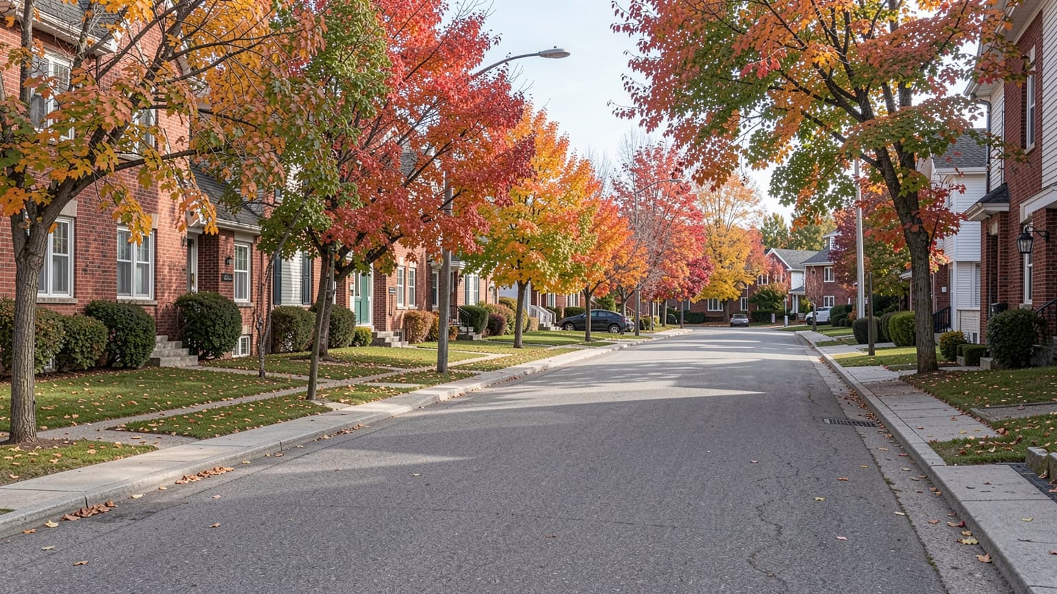 Detached homes on an autumn residential street in Sault Ste. Marie for a rent to own path