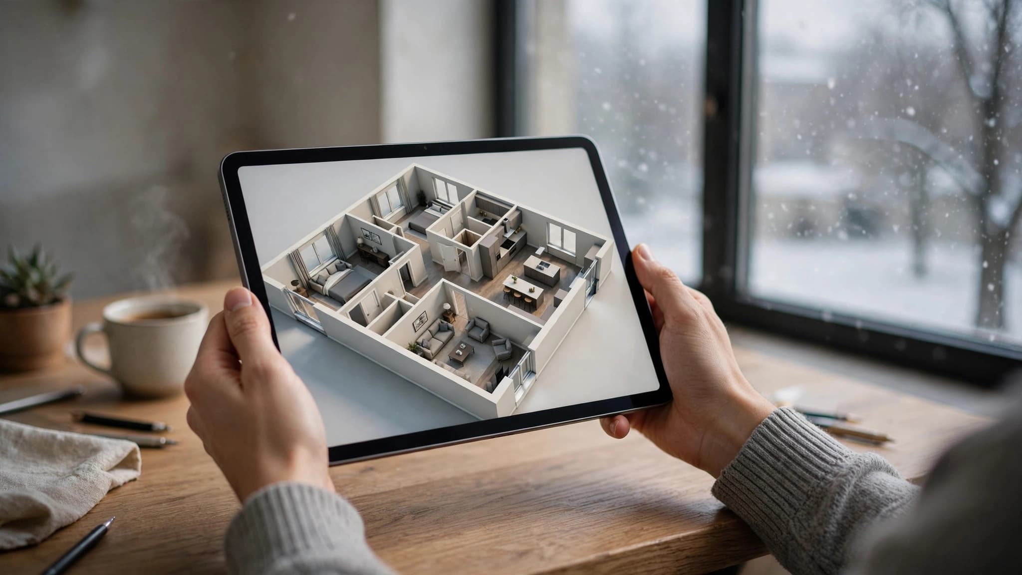 Hands holding a tablet that shows a 3D floor plan at a wooden desk beside a window with a winter sky outside