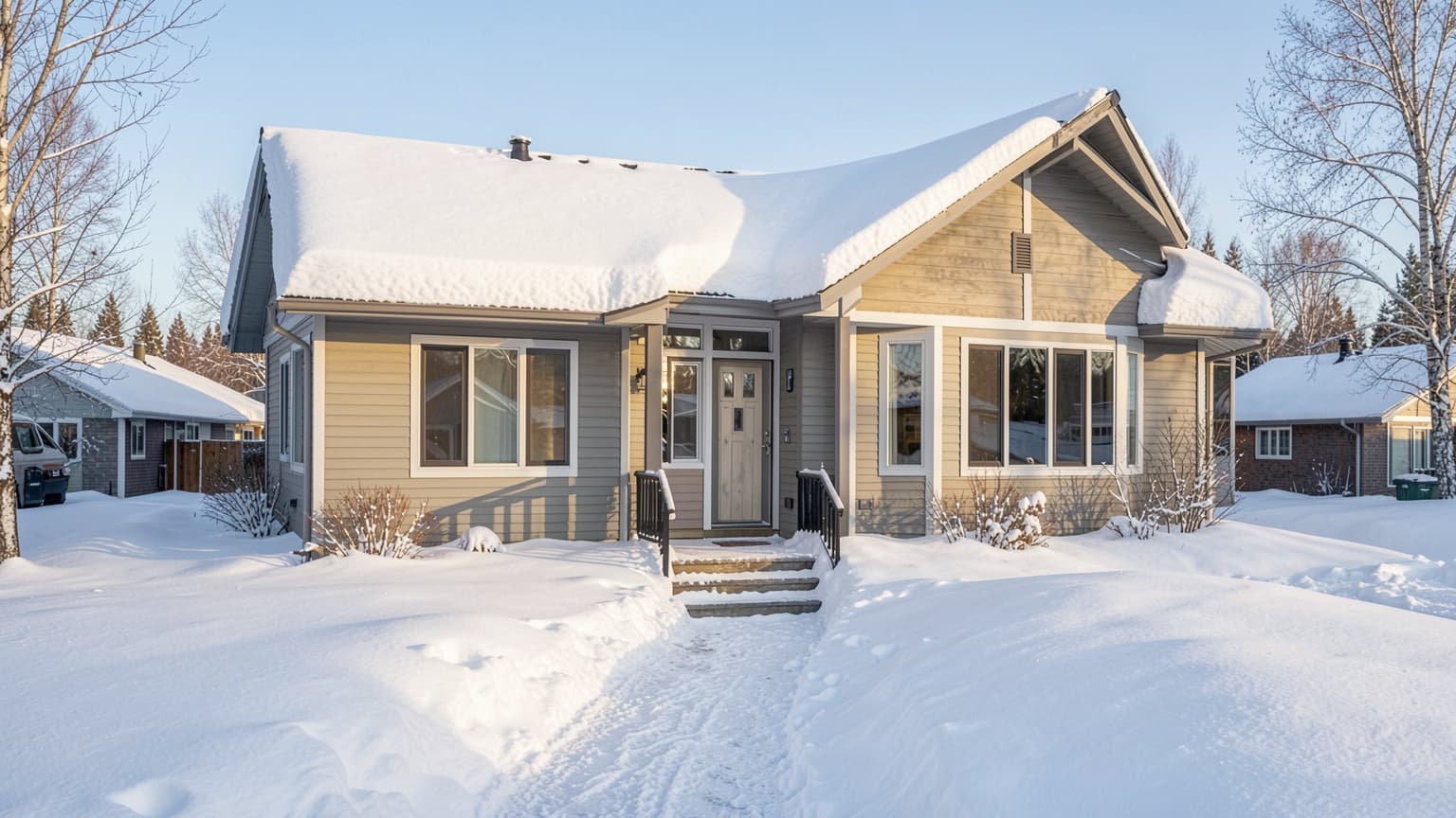 Snow-covered northern bungalow undergoing a home inspection in winter