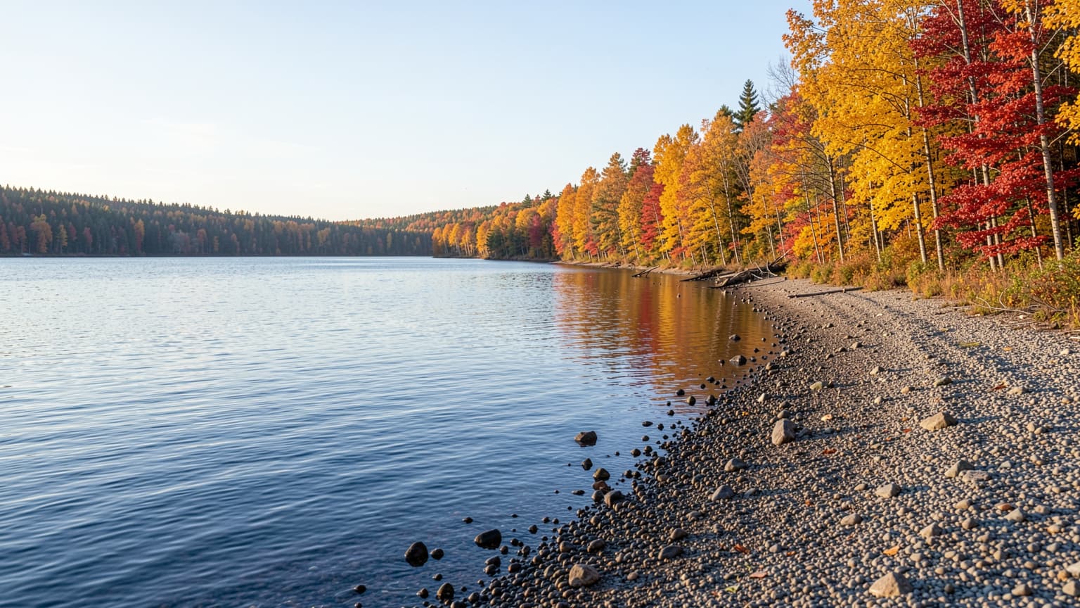 Autumn foliage along lakefront shoreline showing waterfront property for sale in Sault Ste. Marie, Ontario.