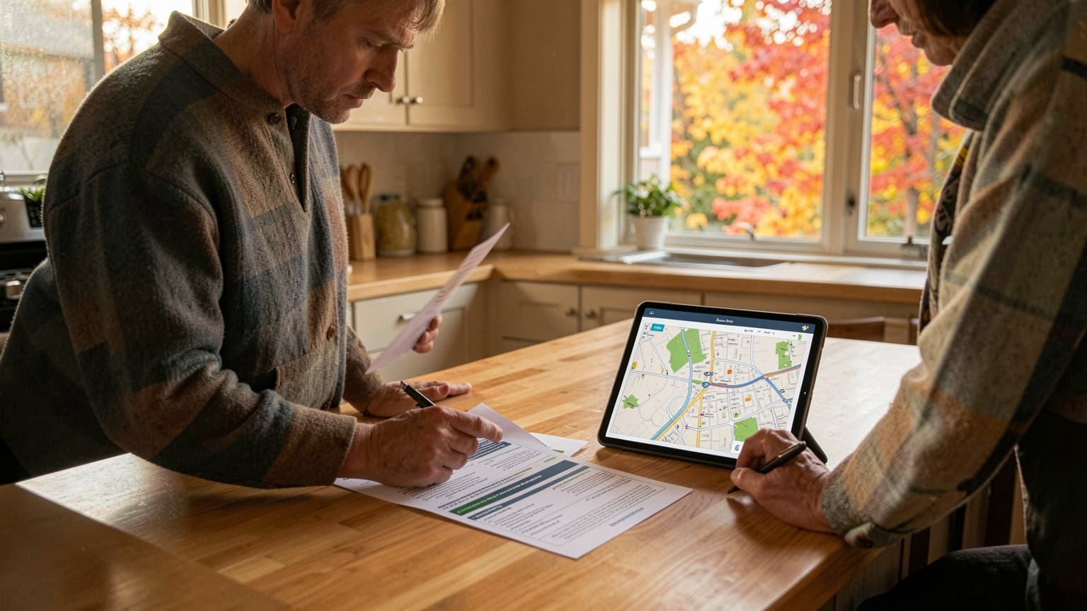 Homeowner reviewing a comparative market analysis report and digital tablet for a free home evaluation online.
